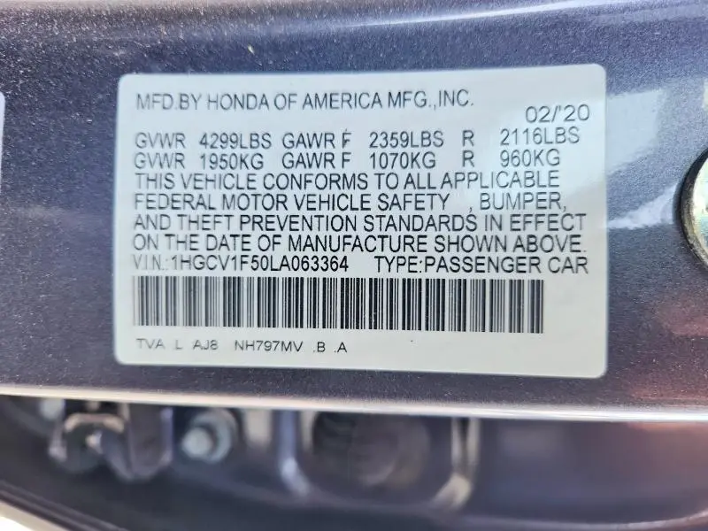 2020 HONDA ACCORD EXL  