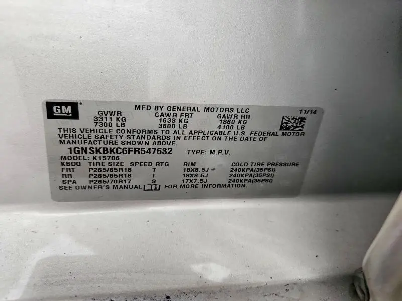 2015 CHEVROLET TAHOE K1500 LT  