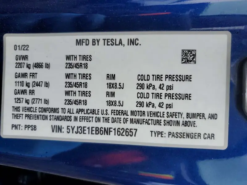 2022 TESLA MODEL 3   