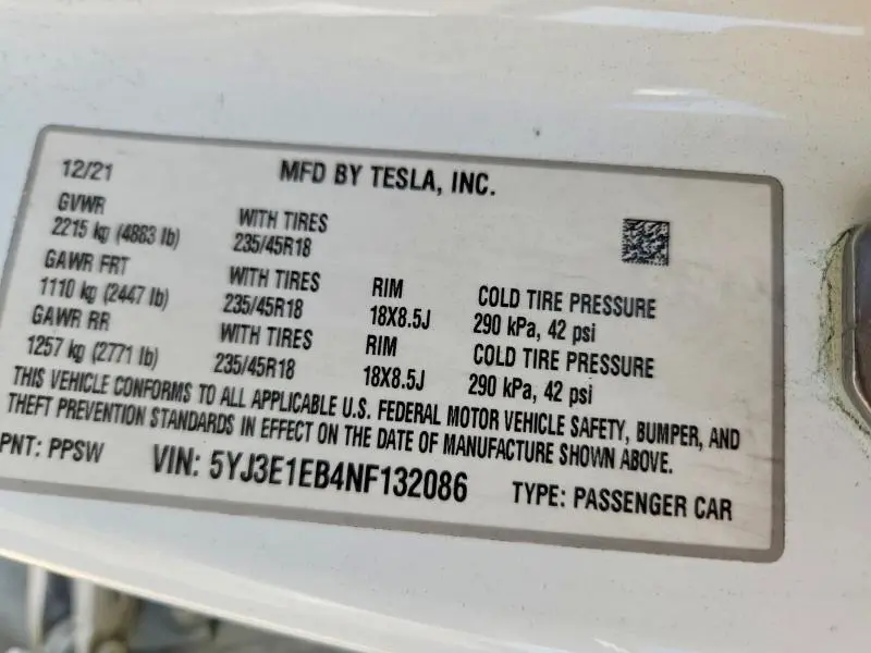 2022 TESLA MODEL 3   
