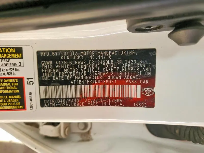 2019 TOYOTA CAMRY LE  