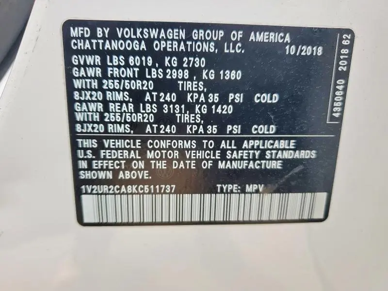 2019 VOLKSWAGEN ATLAS SE  