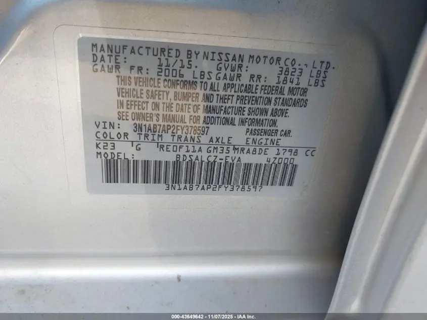 2015 NISSAN SENTRA S