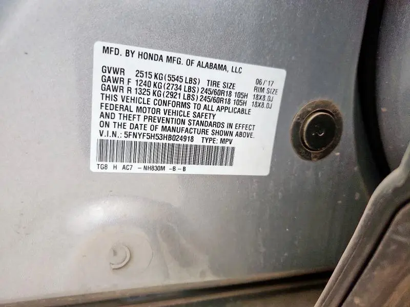 2017 HONDA PILOT EXL  