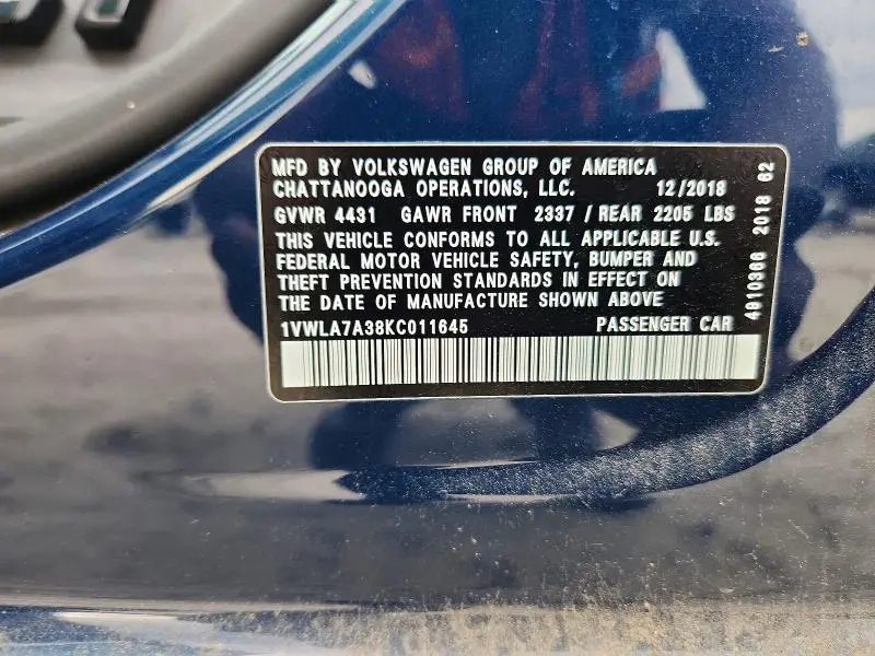 2019 VOLKSWAGEN PASSAT WOLFSBURG  