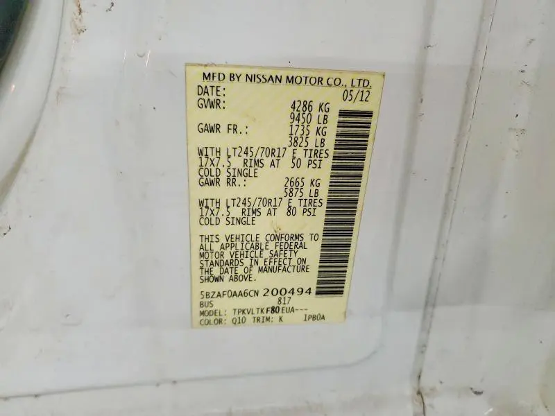 2012 NISSAN NV 3500 HD S  