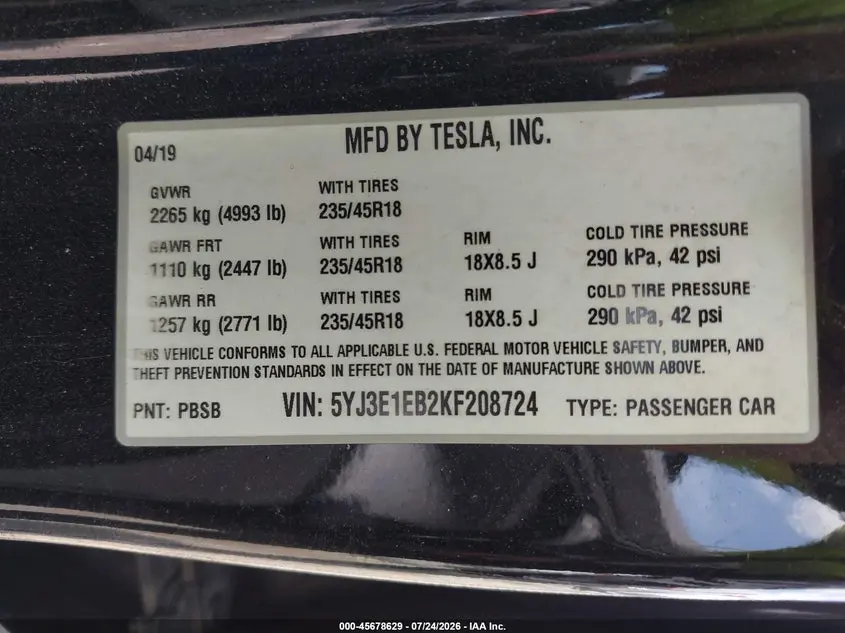 2019 TESLA MODEL 3 LONG RANGE/PERFORMANCE