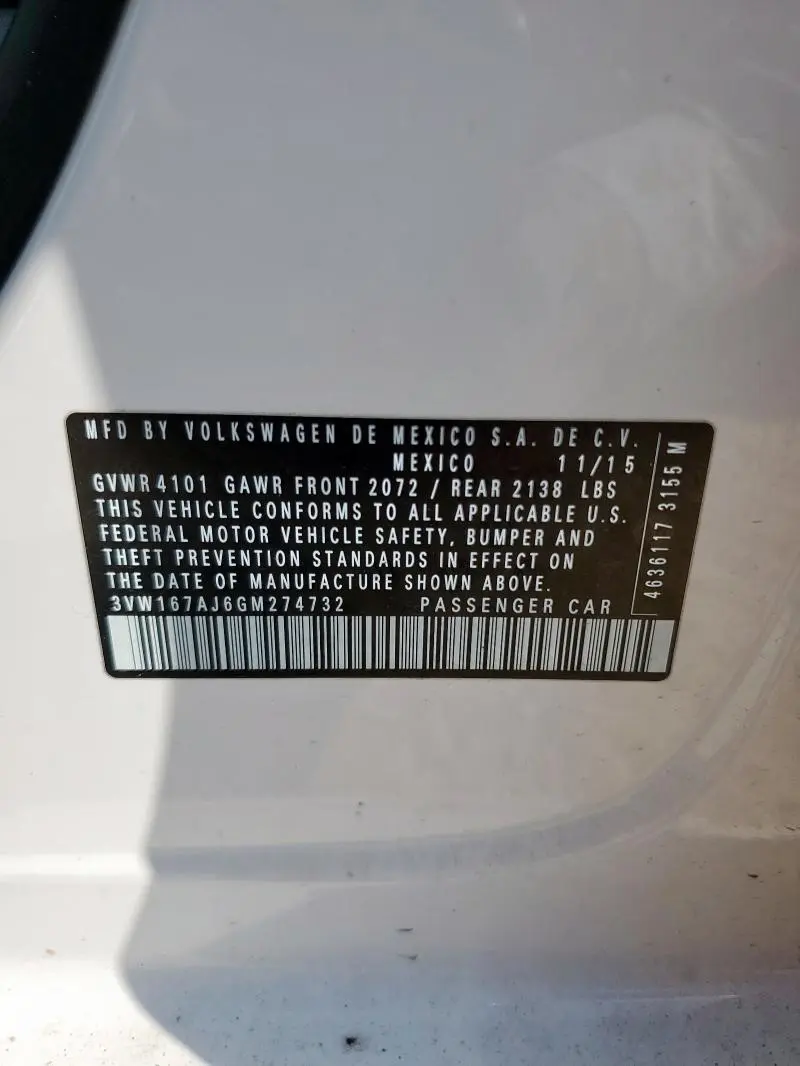 2016 VOLKSWAGEN JETTA S  