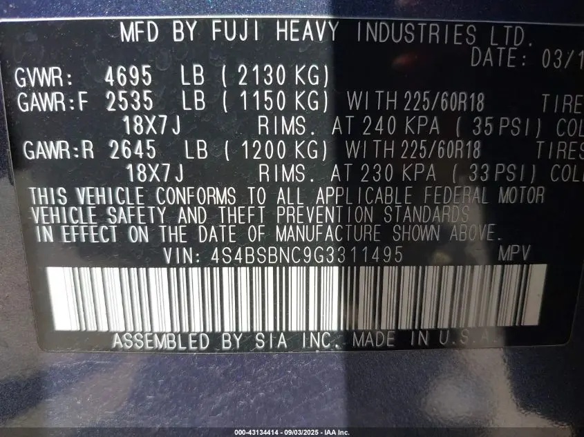 2016 SUBARU OUTBACK 2.5I LIMITED