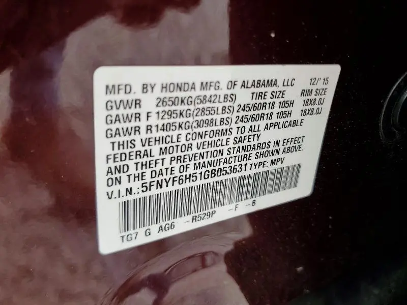 2016 HONDA PILOT EXL  