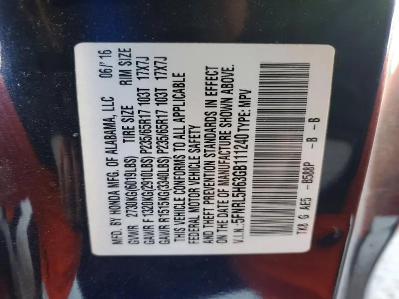 2016 HONDA ODYSSEY EXL  