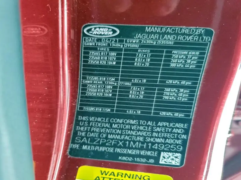 2021 LAND ROVER RANGE ROVER EVOQUE SE  