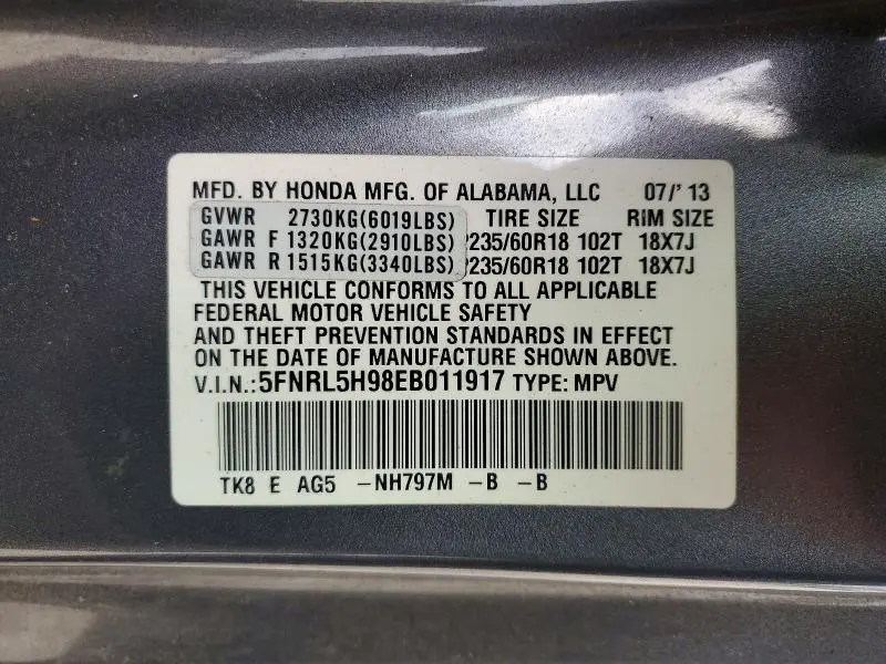 2014 HONDA ODYSSEY TOURING  