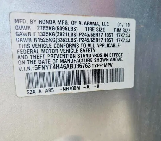 2010 HONDA PILOT EX  