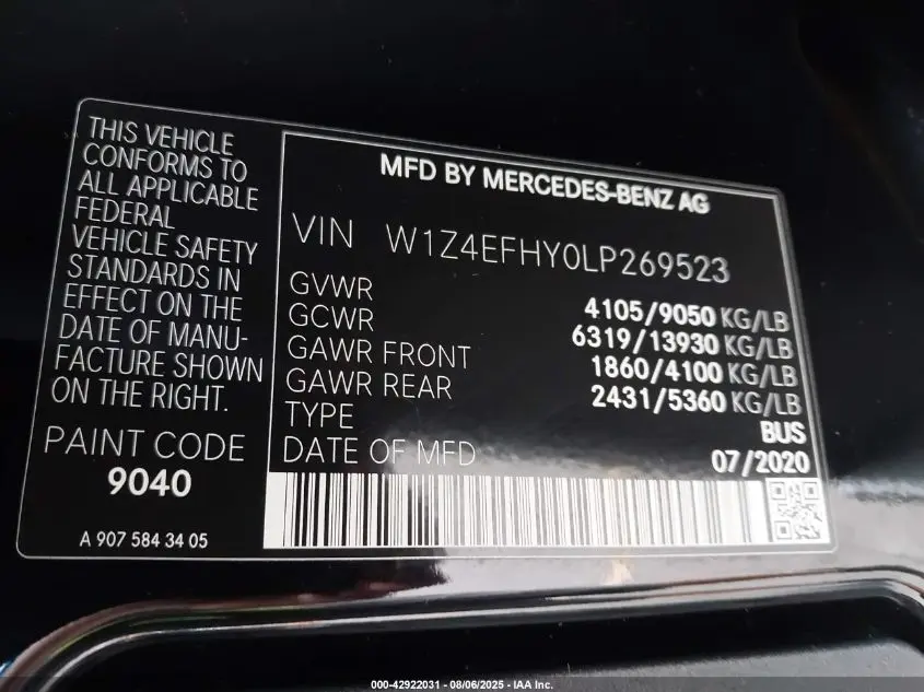 2020 MERCEDES-BENZ SPRINTER 2500 STANDARD ROOF V6
