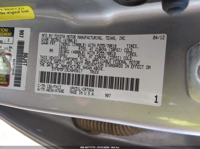 2012 TOYOTA TUNDRA GRADE 4.6L V8
