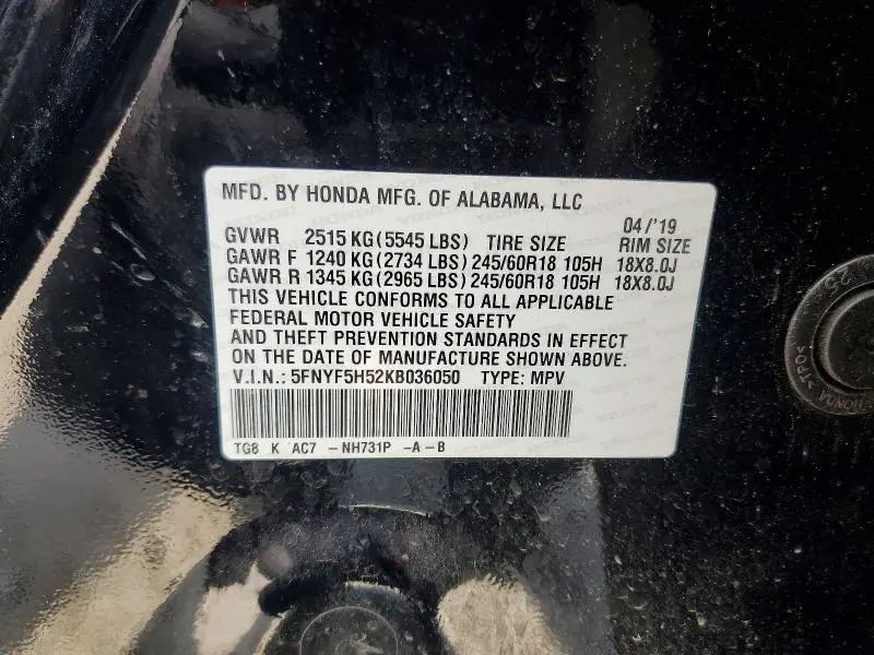 2019 HONDA PILOT EXL  
