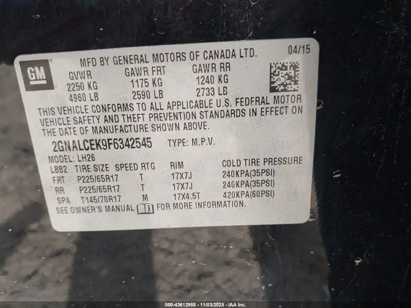 2015 CHEVROLET EQUINOX 2LT