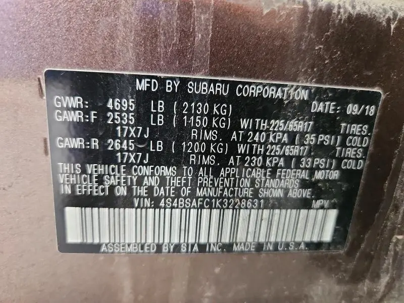 2019 SUBARU OUTBACK 2.5I PREMIUM  