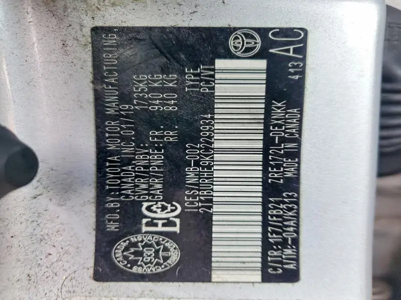 2019 TOYOTA COROLLA L  