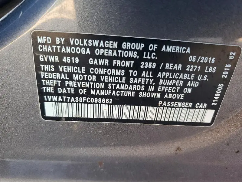 2015 VOLKSWAGEN PASSAT S  