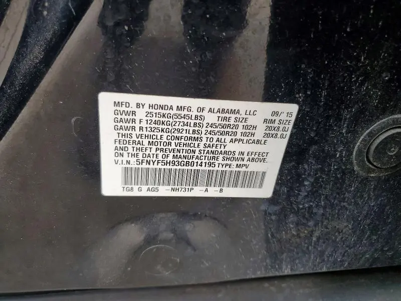 2016 HONDA PILOT TOURING  