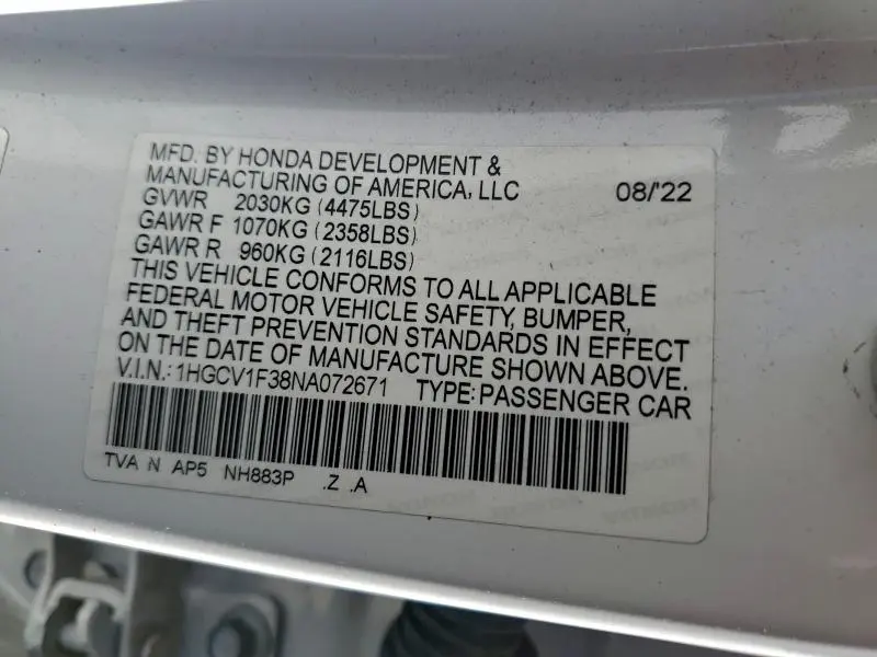 2022 HONDA ACCORD SPORT  
