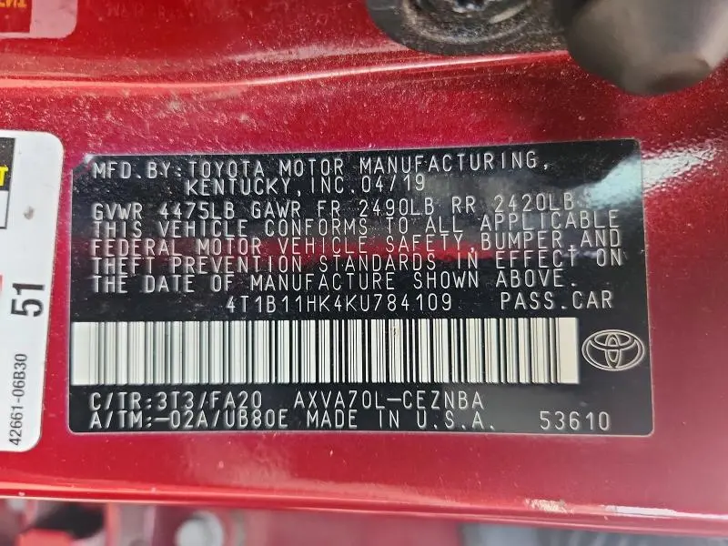 2019 TOYOTA CAMRY LE  