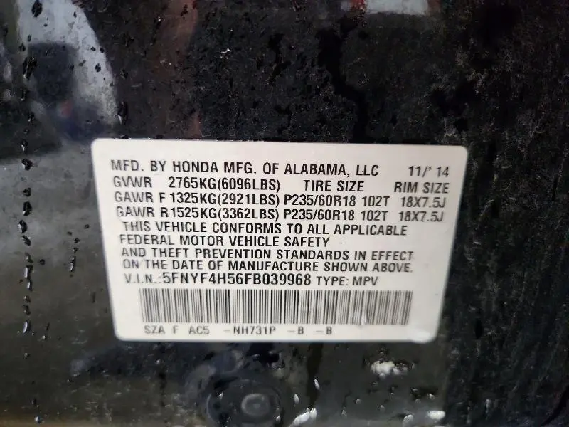 2015 HONDA PILOT EXL  