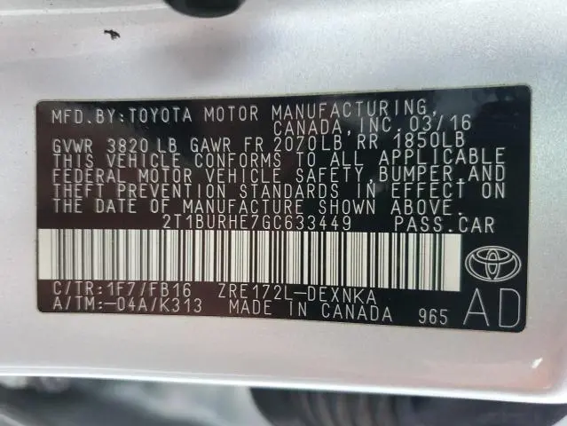 2016 TOYOTA COROLLA L  