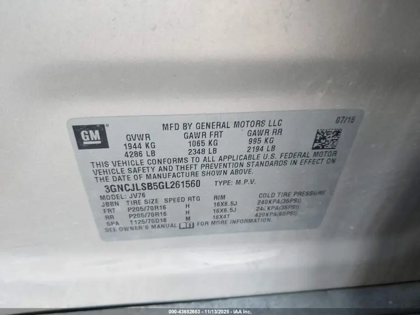 2016 CHEVROLET TRAX LT