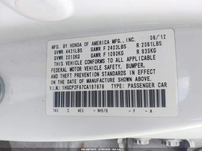 2012 HONDA ACCORD 2.4 EX-L