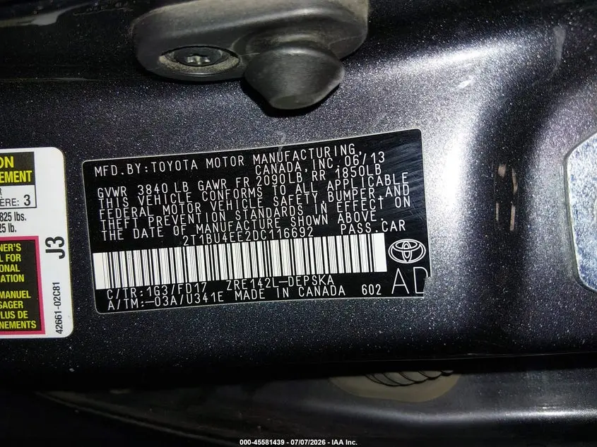 2013 TOYOTA COROLLA S