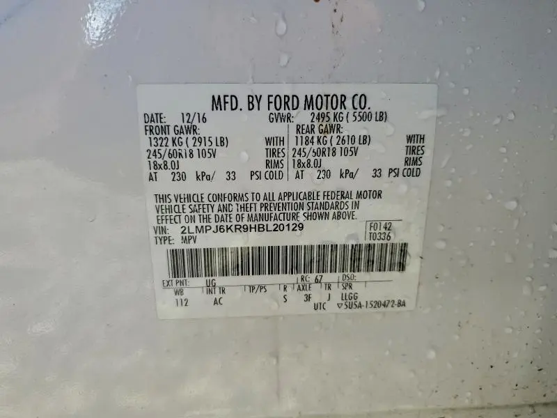 2017 LINCOLN MKX SELECT  