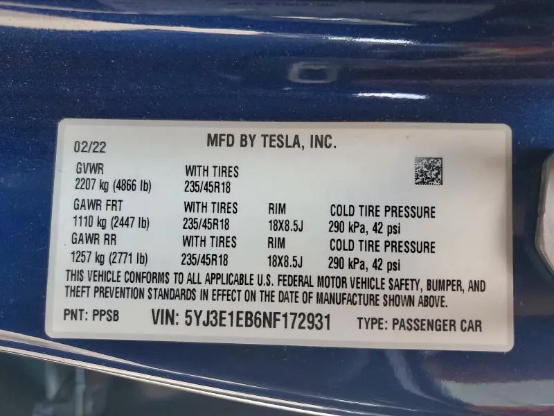 2022 TESLA MODEL 3   