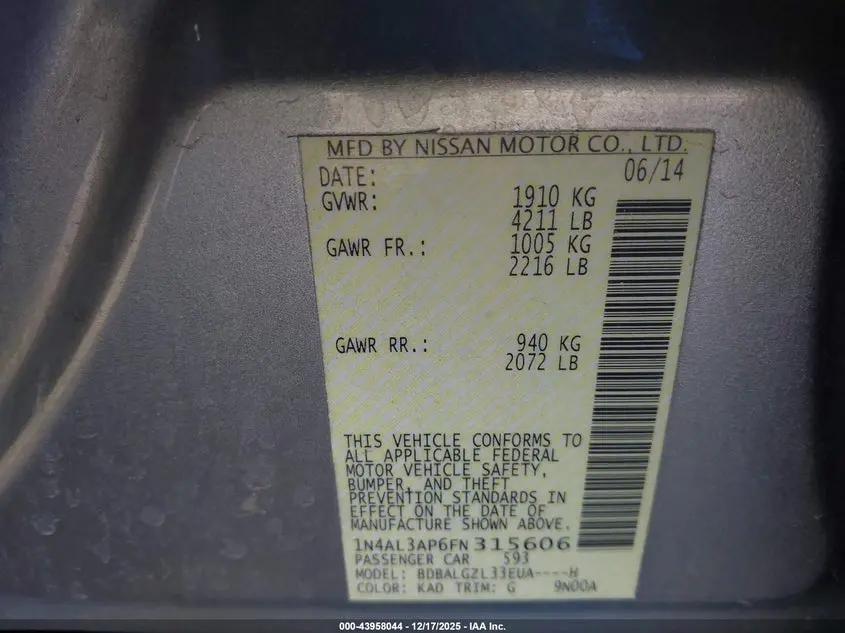 2015 NISSAN ALTIMA 2.5 S