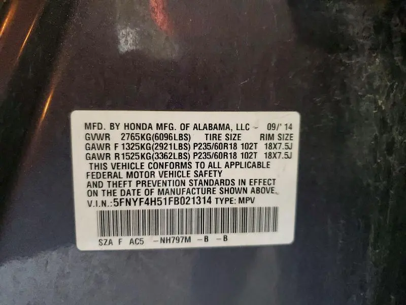 2015 HONDA PILOT EXL  