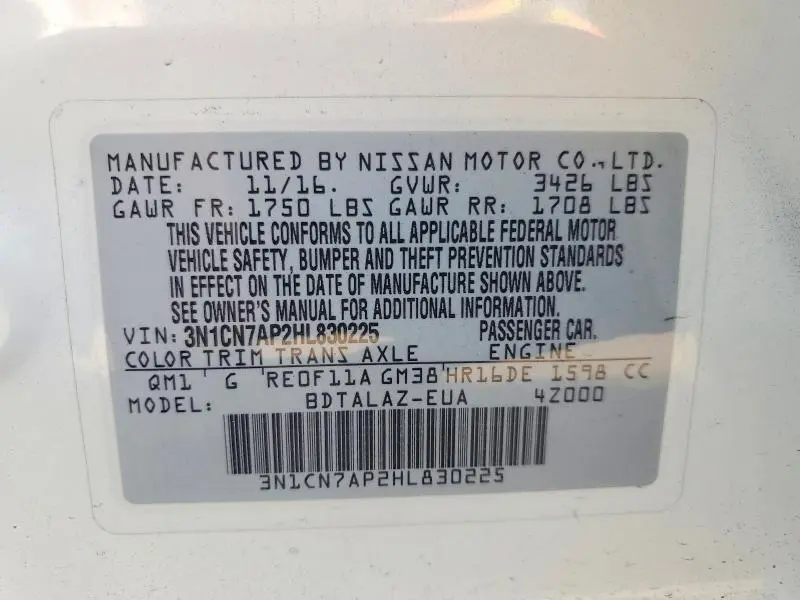 2017 NISSAN VERSA 1.6 S PLUS  