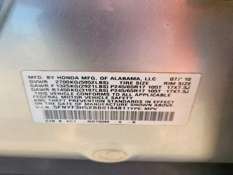 2011 HONDA PILOT EXL  