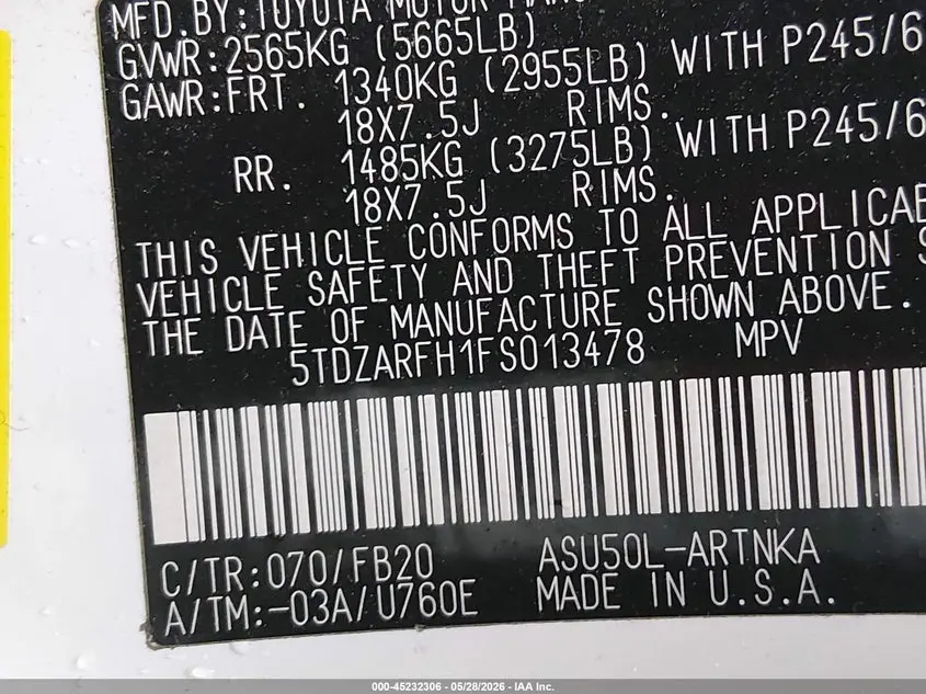 2015 TOYOTA HIGHLANDER LE