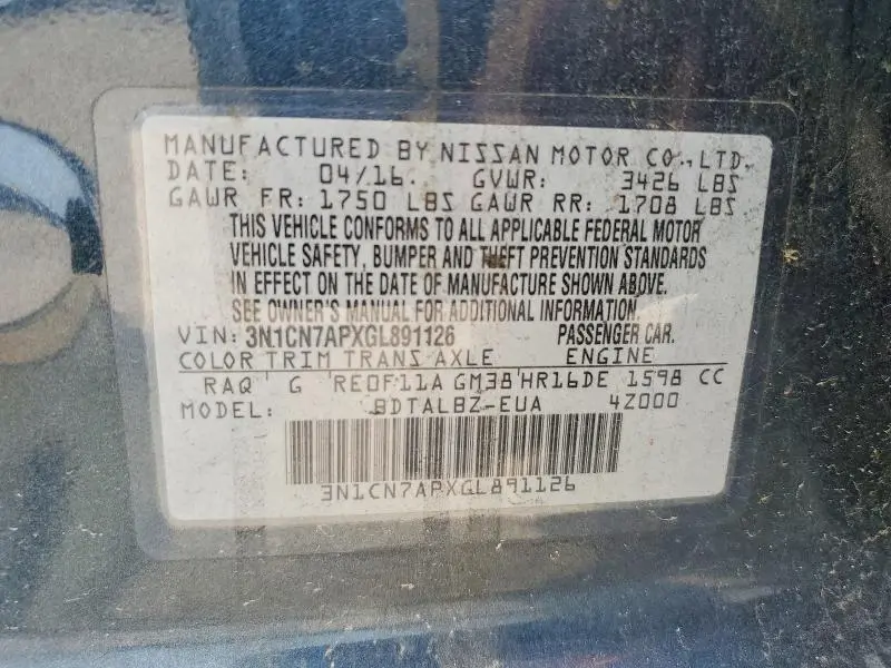2016 NISSAN VERSA 1.6 SV  