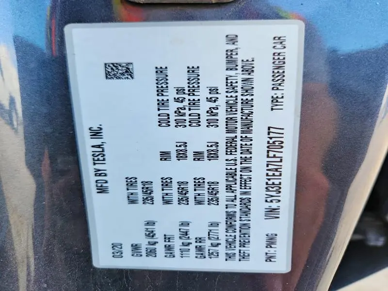 2020 TESLA MODEL 3   