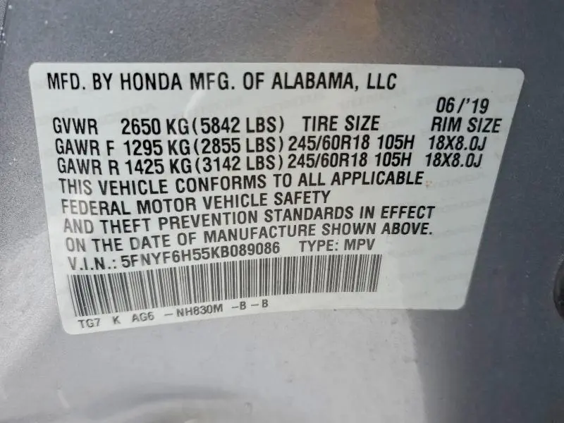 2019 HONDA PILOT EXL  