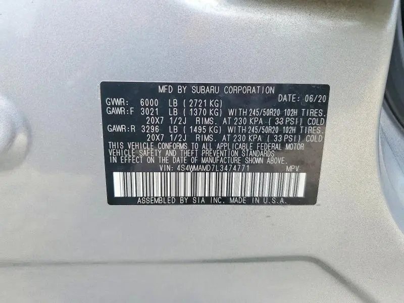 2020 SUBARU ASCENT LIMITED  