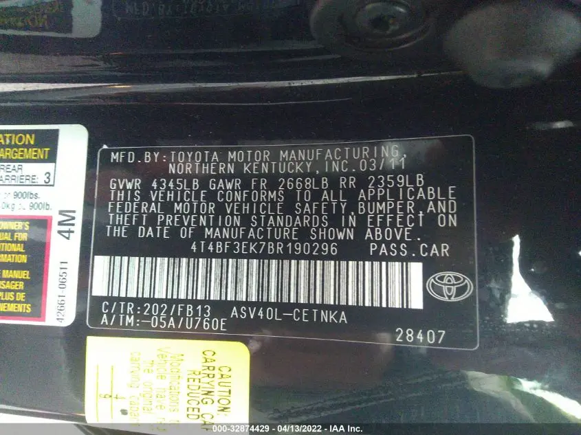 2011 TOYOTA CAMRY 