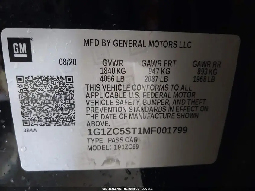 2021 CHEVROLET MALIBU FWD 1FL