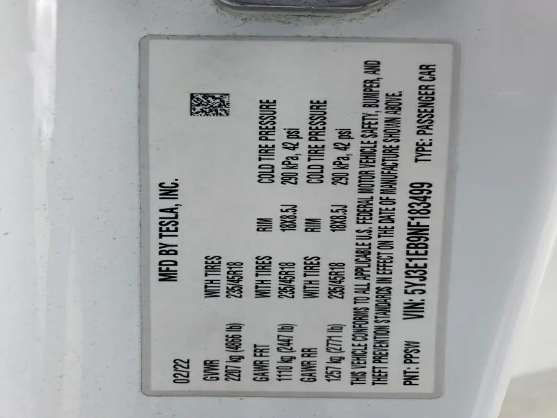 2022 TESLA MODEL 3   