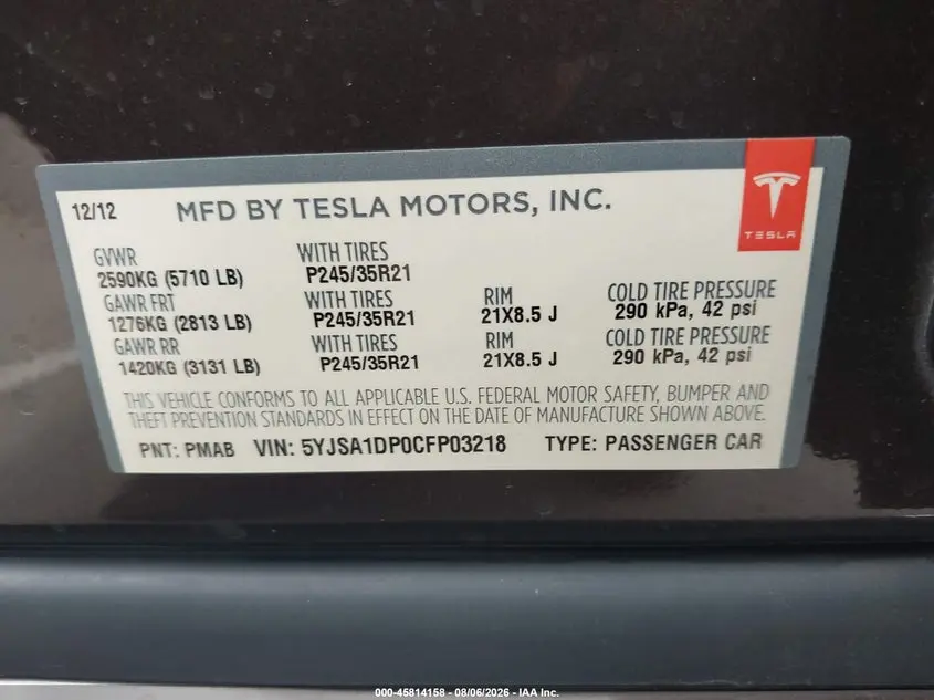 2012 TESLA MODEL S PERFORMANCE/SIGNATURE PERFORMANCE