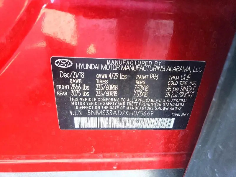 2019 HYUNDAI SANTA FE SEL PLUS 2.4L  