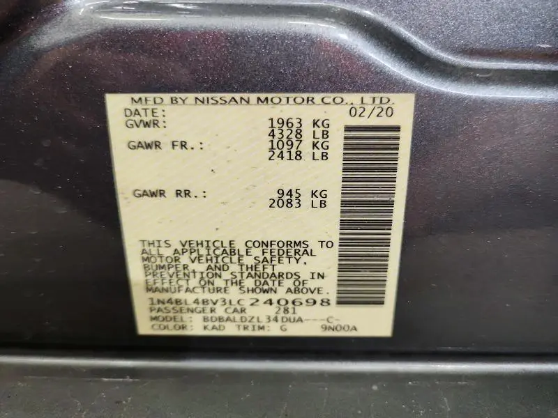 2020 NISSAN ALTIMA S  